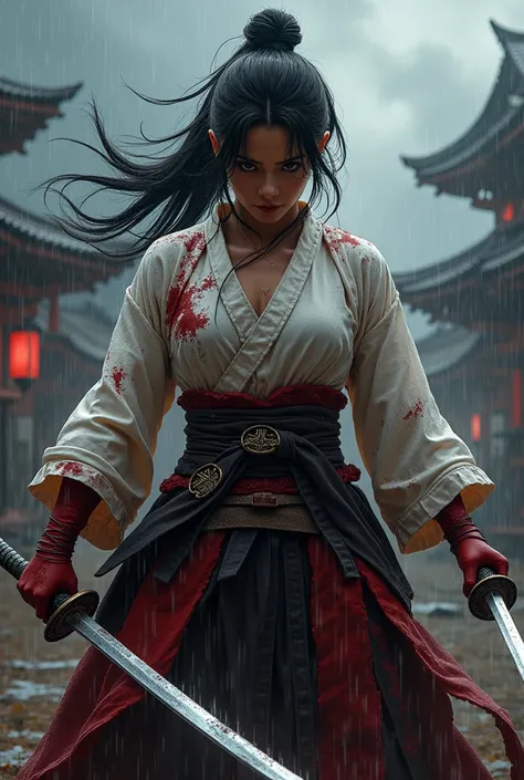 (masterpiece:1.2,   best quality),    realistic images and expert photos   , Very real, Genuine, 8k,  Female swordsman in samurai costume  ,  Sharp Eyesight , Wounded and bloody body  , Torn clothes, (( slay enemy samurai with Japanese swords )), Swords sh...