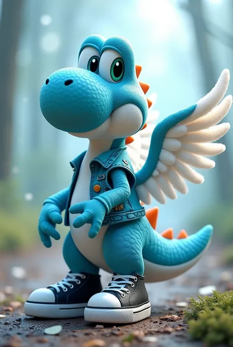  Draw a blue yoshi with turquoise eyes, with black sneakers with blue ,  an aquamarine vest ,  angel wings 