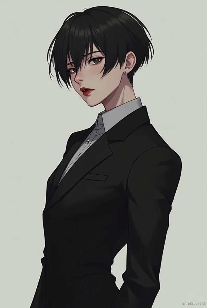 A tall, muscular high school femboy with short black hair, dark red lips