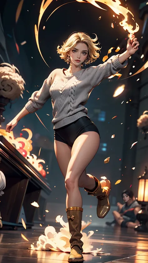 masterpiece,  best quality,  source, Grey sweater,  black leotard, Rotate, spin,  blonde hair ,  superhero ,  boots,  Tornado, Rotatewind, Alone, barefoot, Rotate, Wind effects, spinning into a  Tornado, fast spin, stand,  time travel, Travelling through t...