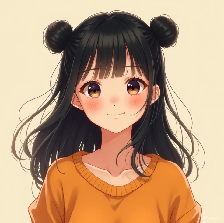 Teenage girl with cute black buns, bangs, very long hair, Blush, Smile, looking at veiwers, wearing orange loose sweater