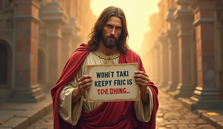 "Jesus Christ in traditional attire, holding a modern-looking placard with bold text in English: DISAPPOINT DEVIL BY WATCHING THIS VIDEO! Jesus looks directly at the viewer with a serious yet loving expression, urging them to follow the message. The backgr...