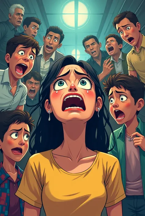 pwede bang gumawa ka ng poster na may umiiyak na babae sa gitna ng poster at sa background naman ay may mga tao na gumagawa ng pagkakamali gaya ng pagnanakaw, pag hindi pagrespeto, pagsasagot sa mga magulang at iba pang pagkakamali animated yung ma e guhit...