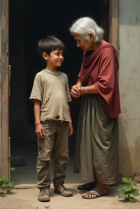 A   wearing torn old clothes with his grandmother