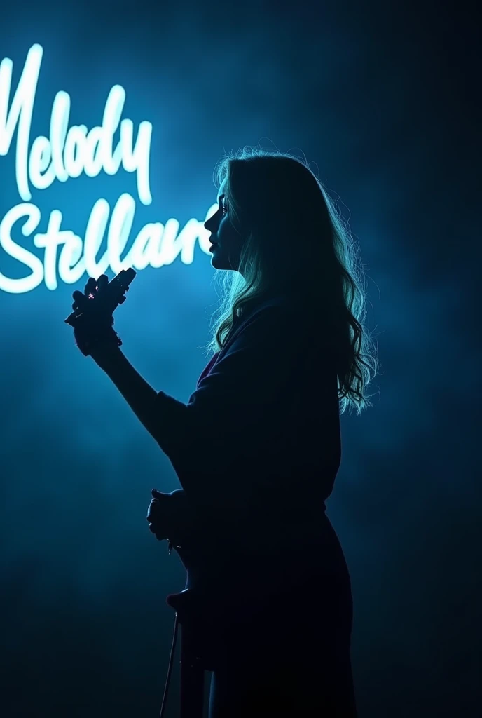 A blonde French girl, blonde hair, a band, very dark lighting, a big screen written without mistakes "melody Stellar "