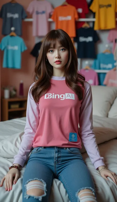  doll Mannequin in a long sleeve tight T-shirt . Colored Shirt Shirt .  full text image bold writing: (Bing ai)  as logo on shirt . Bing ai sticker logo on shirt (long jeans tight torn ). (Legs wear Bracelets .) ( Feet wearing shoes touch the floor). ( Han...