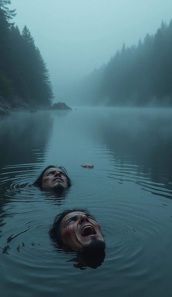  A calm lake that reflects the sky ,  but its surface ripples forming faces of pain .  The ripples create distressed expressions that seem alive,  while the surrounding environment is misty and dark , with blue and silver tones .