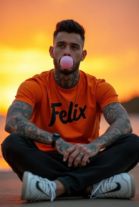  A handsome Indonesian man with full body tattoos sitting cross-legged ,wearing an orange t-shirt with the name  "felix",bawahan celana jeans hitam, wearing white Nike shoes while chewing gum in his mouth which is shaped like a large balloon, looks real ,c...