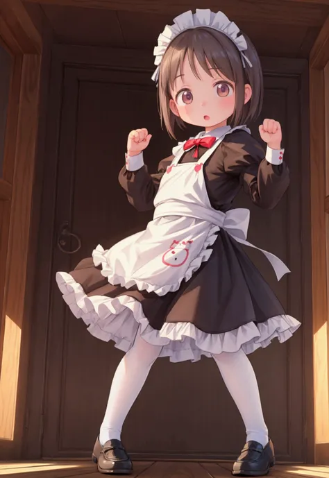 masterpiece, best quality, high definition ,Anatomical,Realistic, detailed description , perfect lighting,8k,kawaii,(Western-style building),Dispatch items,Maid,((１People s)),Baby Face,Petite,flat body ,(Maid服),tights, one-strap loafers, Fighting Poses,han...