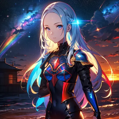  shines in the spotlight、Shadow silhouette,Full body painting、Blue and red contrast、 Edelgard in black armor、nullっぽの街, cloudの上の町、null, Alone, Outdoor,  Building, cloud, milky way,sunset、 Rainbow Brilliant Light 、(( Holographic )),