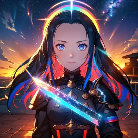  shines in the spotlight、Shadow silhouette,Full body painting、Blue and red contrast、 Edelgard in black armor、nullっぽの街, cloudの上の町、null, Alone, Outdoor,  Building, cloud, milky way,sunset、 Rainbow Brilliant Light 、(( Holographic )),