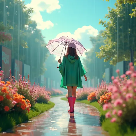 A vibrant, surreal sunlit drizzle featuring a woman with a translucent umbrella decorated with floral patterns and wearing an emerald green poncho with bright pink boots, walking along a winding garden path. The background is filled with abstract flower be...