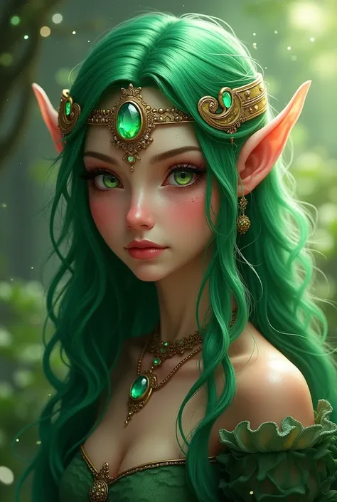 Green-haired elf ,  has jewelry on his forehead and on his neck