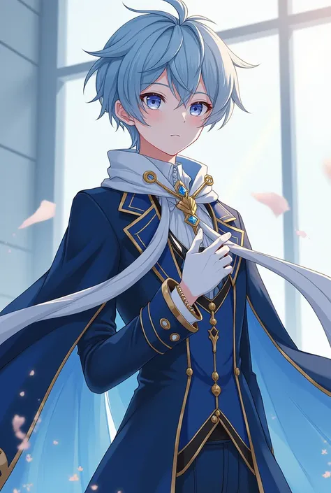 A quiet anime young man in high school with sharp pink eyes represents short light blue hair , Fair skin and wearing all the heavenly blue and white fantasy clothes are the luxury of Idol, which consists of a long, cool sky blue jacket with a long sleeve o...