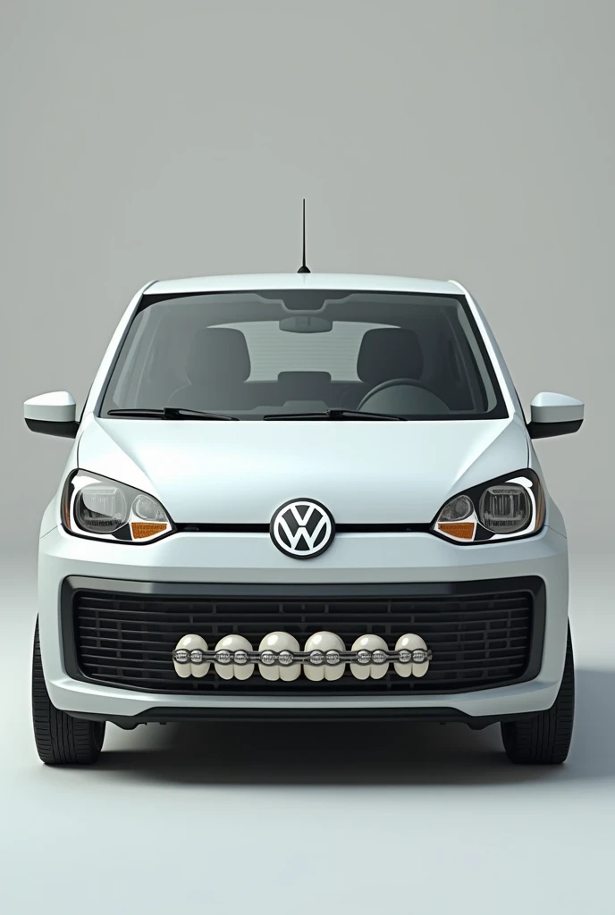 White VW TSI UP car,  with the modified front of the car , Humanized,  matching the car ,  headlights are the eyes , Bumper is the mouth ,  make it out of braces on the teeth,  bumper is the teeth