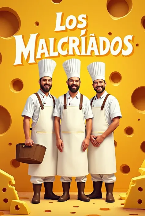 Disney-like poster of a movie called Los MALCRIADOS with cheese letters,  the film is about men who make cheese in a company, they wear white ,  with white hats and white boots 