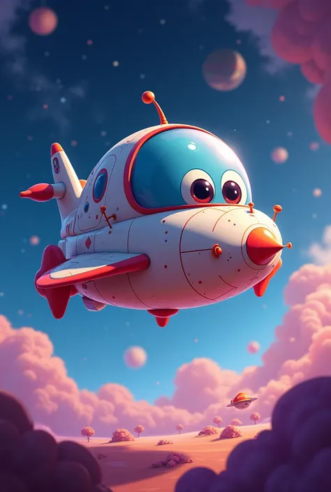 An adorable futuristic spaceship animated in a 2D cartoon 