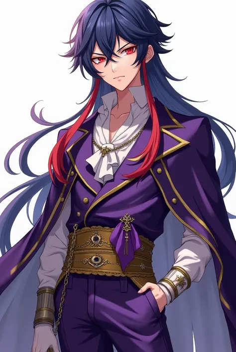 A young anime man with sharp red eyes represents long indigo hair with two red locks and a purple ribbon.  ,  with fair skin. He wears all the beautiful and luxurious purple fantasy clothes, such as the clothes of nobles, represented by a long closed purpl...