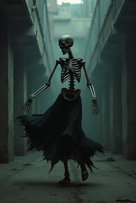 Image of skeleton dancing with a black post-punk gothic theme background 