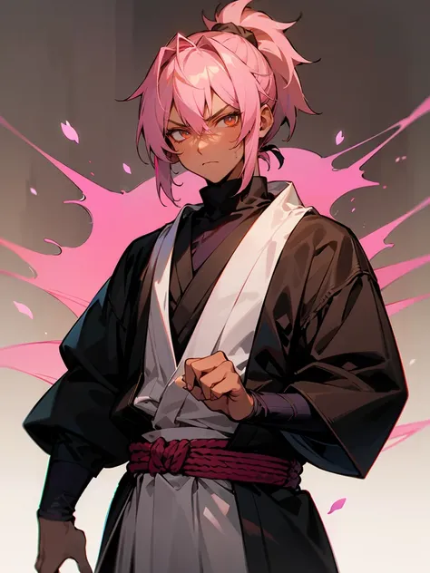 1male, Pale Blonde Hair , Dark Skin , Pink Highlighted Hair , Spiky Ponytail , Sanguine Eyes , Fitted Longsleeve Turtleneck , Brown Yukata , Purple Roped Belt , Tied Roped Belt , Standing In Village , Serious Expression , Ninja Clothing , Perfect Generatio...