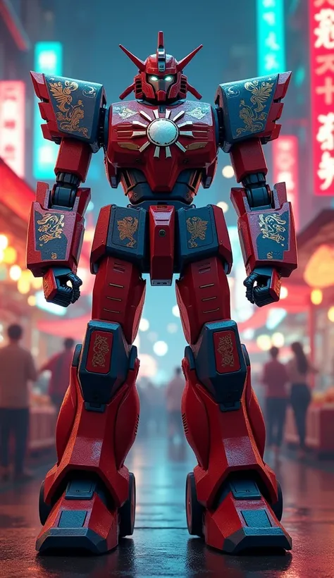 "Imagine a compact but powerful mech, red, blue, and white color scheme, the white sun emblem on its chest, standing in a bustling night market, illuminated by vibrant neon lights, with intricate traditional patterns on its armor, highly detailed, photorea...