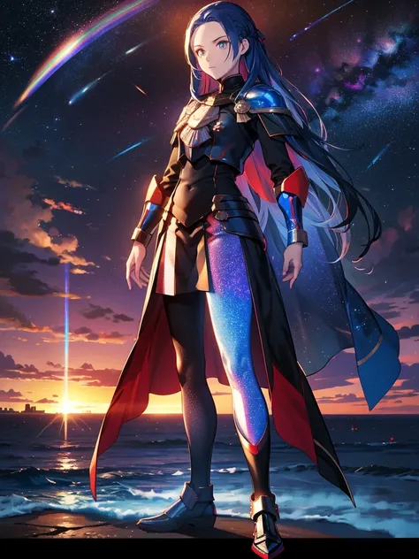 
 shines in the spotlight、Shadow silhouette,Full body painting、Blue and red contrast、 Edelgard in black armor、nullっぽの街, cloudの上の町、null, Alone, Outdoor,  Building, cloud, milky way,sunset、 Rainbow Brilliant Light 、(( Holographic )),
