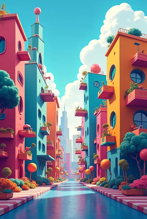 Some futuristic buildings animated in a 2D cartoon 