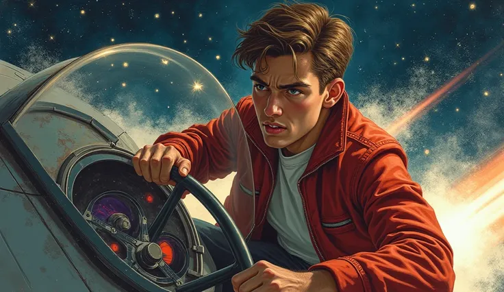 In this dynamic illustration, a young male pilot, prominently featured with a determined expression, steers his spaceship through the vast cosmos. Dressed in a vivid red jacket, he grips the controls firmly as brilliant streaks of light flash past outside ...