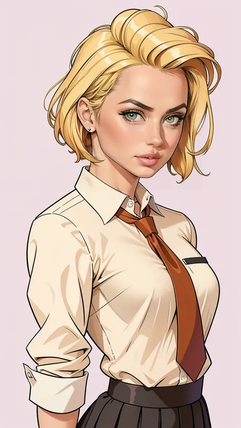 alluring girl, collared shirt, sleeves rolled up, pleated skirt, necktie, (small chest), blonde hair, messy blonde hair, cinemat...