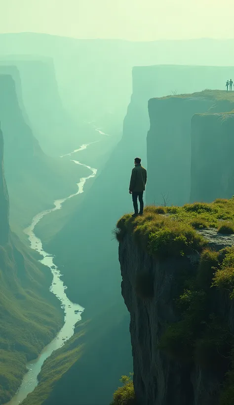 " The figure stands on the edge of a cliff ,  looks at the recovered earth . Teks overlay:  The Earth Reminds Us .  Will We Hear ? Fade out with the sound of wind and birdsong .  Reflective cinematic style with soft green and blue colors .  Sony Alpha 1 ca...