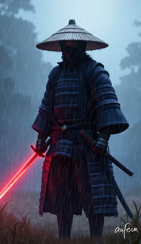 Image is a digital artwork featuring a samurai warrior in a dramatic, rain-soaked setting. The style is dark and atmospheric, with a focus on dynamic lighting and movement. The samurai is clad in traditional armor, with a wide-brimmed straw hat obscuring t...