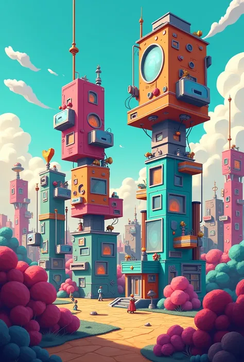 Some futuristic buildings animated in a 2D cartoon 