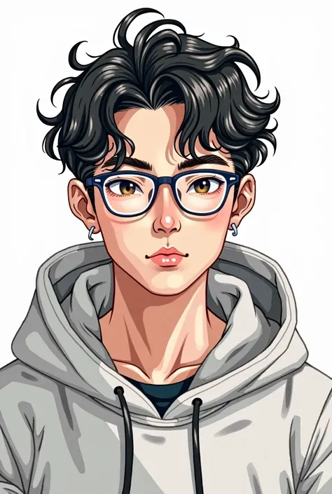 Picture a sharp but handsome Japanese man in his early 20s with curly black hair, glasses, and a hoodie. The background is white, like colored pencil colors. 