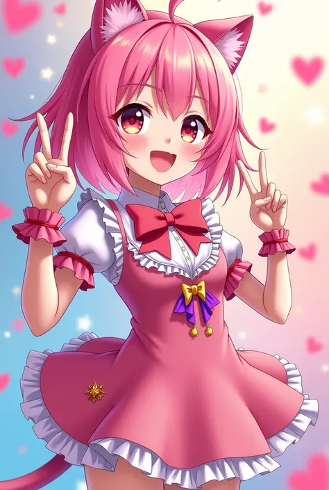  character :  Hinata Nekomiya
Style :  cute and energetic Vtuber
Features : Cat ears and tail、 pink hair、 big eyes and bright expression
Outfit : Glamorous idol-style costume 、 bow and ruffle details
background : Colorful and pop background、 stars and hear...