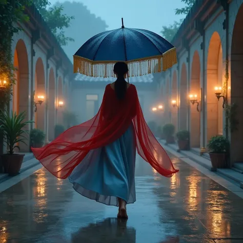 A vibrant, surreal twilight drizzle with a woman gripping a navy-blue umbrella edged with golden tassels and wearing a crimson shawl over a sky-blue dress, meandering through a marble courtyard. The background features delicate archways and flowering vines...