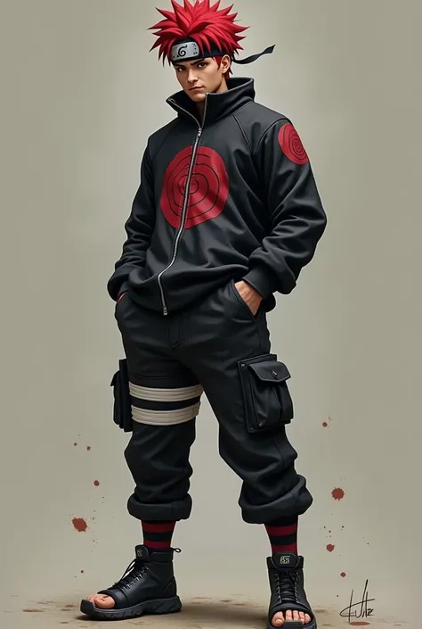 Blood-red haired Naruto Uzumaki wearing tight dark cargo pants , , a dark long-sleeved shirt with his clans spiral in red and reinforced tennis shoes.