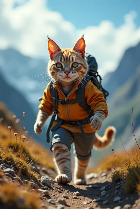 An adventurous image of an anthropomorphic cat backpacker on a mountain trail, lively and determined. Shot on Canon EOS-1D X Mark III, EF 24-70mm f/2.8L II USM, natural light with a polarizing filter for vibrant skies, wide angle to capture the expansive l...