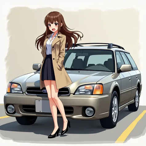 SUBARU LEGACY TOURING WAGON H2001, stopped ,{ best quality], [Very beautiful], [Ultra fine], [Best illustration], source_anime,Brown Hair, princess cut,Long Hair,Excited face,Cutesy, slender,Embarrassed, posing, trench coat ,OL, skirt,Black heels,Bare legs...