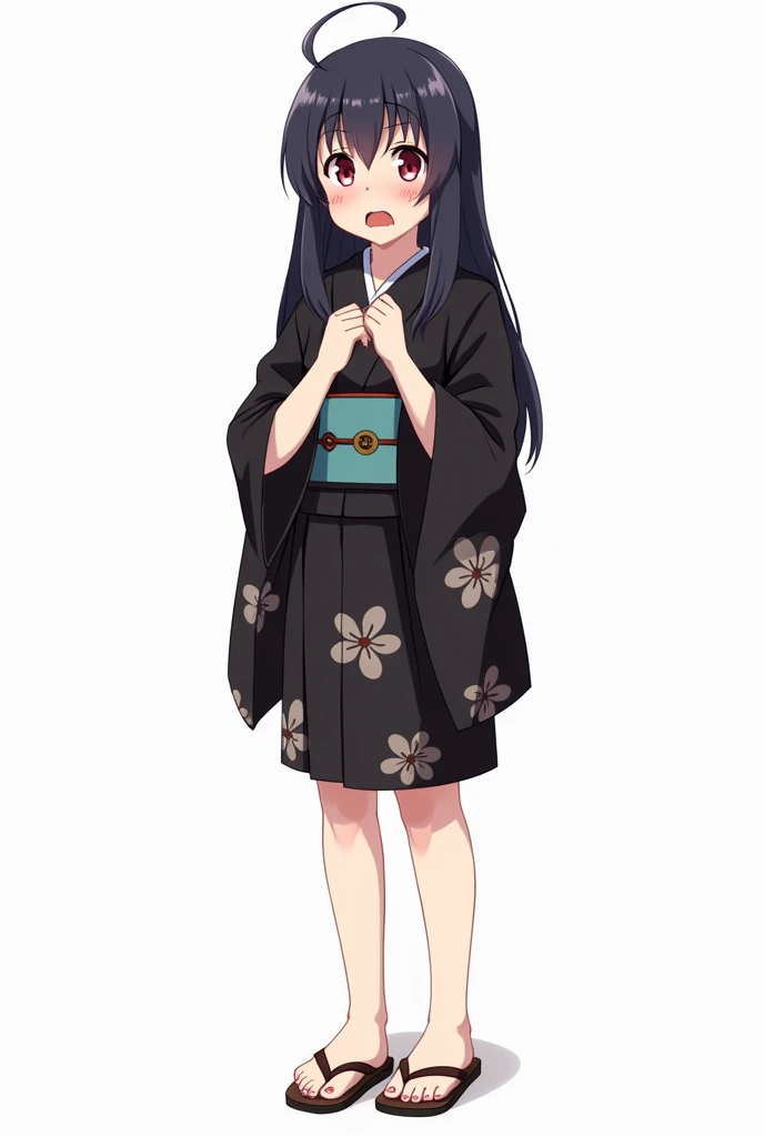 Anime girl with and standing in front of her full legs and geta yukata black and with flowers and worried and with a white background and full body and with pink nails and with fists on her chest both hands with an emotion of nervousness and with an expres...