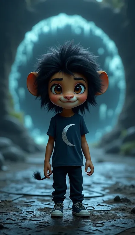 Kittu, a 4-month-old male baby lion with a fluffy human type long black hair , big brown eyes, He is wearing a dark blue T-shirt with a silver crescent moon design and black pant and dark sneakers.

The background shows a glowing, black vortex surrounded b...