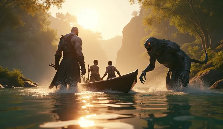 God Of war Ragnarok kratos and Atreus on boat in beautiful place sunshine and poisonous creatures attacking 