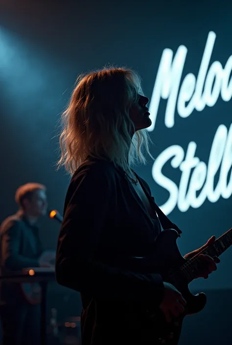 A blonde French girl, blonde hair, a band, very dark lighting, a big screen written without mistakes "melody Stellar "