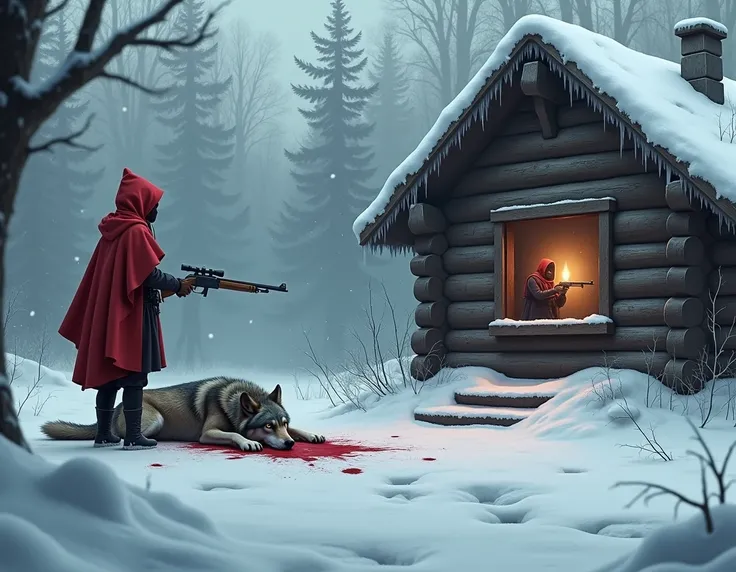 Create a frozen forest with a cabin with Little Red Riding Hood inside with a gun and the wolf outside bleeding out 