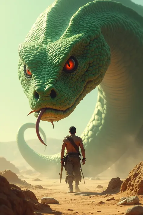 The guy is standing in front of a big snake, its green, he has red eyes and a long tongue and theyre standing in the desert 