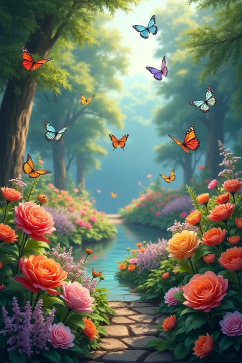 Garden with flowers and butterflies