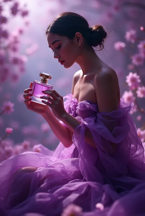 A Perfume Commercial, floral scent, purple in color, Only perfume and beautiful background in the cinematic shots for video