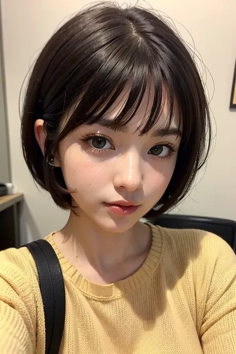 ((best quality)), ((masterpiece)), (detailed), perfect face

arafed woman in a yellow sweater sitting in a hair salon, with short hair, the hime cut, short hair, short haircut, with short hair with bangs, short hair cut, bob cut, 🚿🗝📝, french bob, short str...