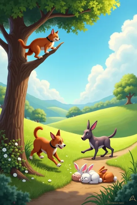 I want a picture of one cat climbing a tree, 2 dogs running, one dunkey eating grass and 4 rabbits dleeping