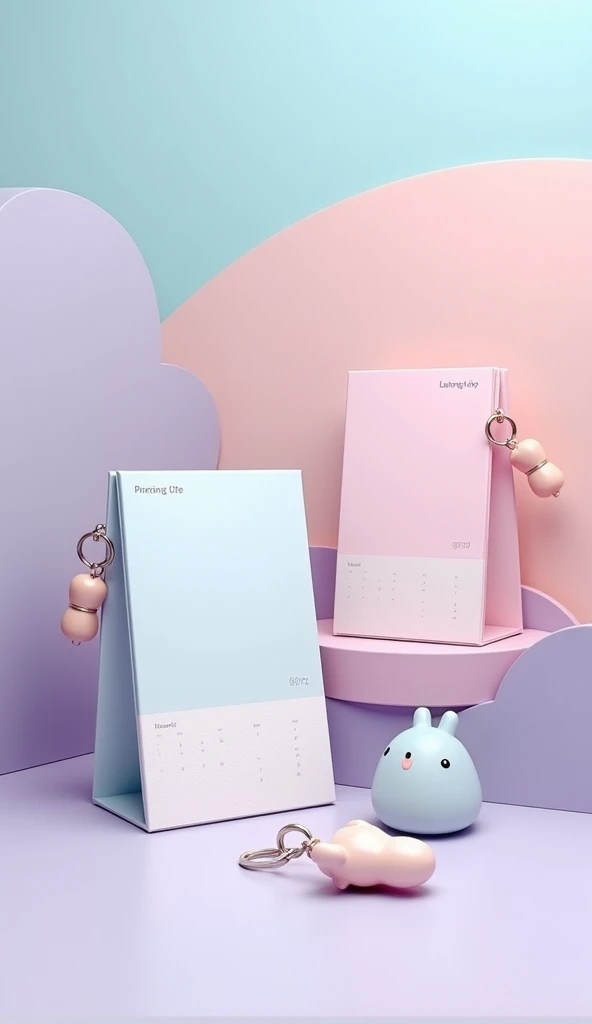 An aesthetics cute landscape mode image of difference minimalist planners and callenders in soft colors and cute little keychains in soft colors.. size 1920 x 1080 px