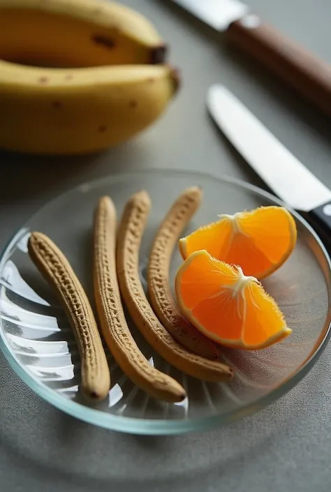  On a table appears a glass plate containing several seeds
banana and orange. There is a knife near the plate .  Describe the situation from a close distance by emphasizing the shape , braid and color .
